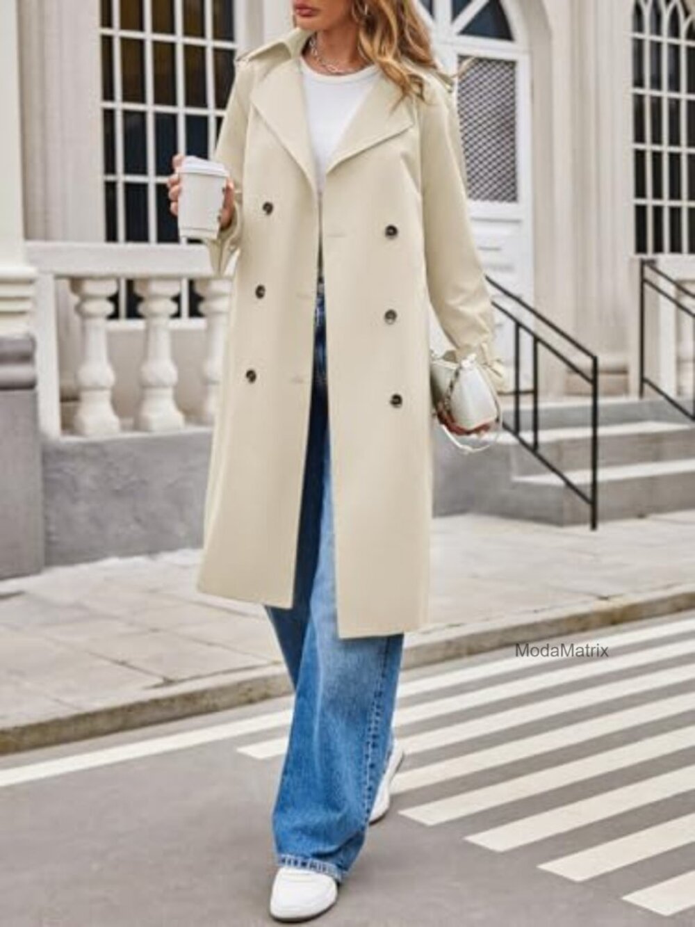 Womens Long Trench Coat Double Breasted Notch Lapel Overcoat - Picture 4 of 5